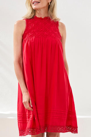 Textured Poplin Sleeveless Crewneck A-Line Dress-Sangria