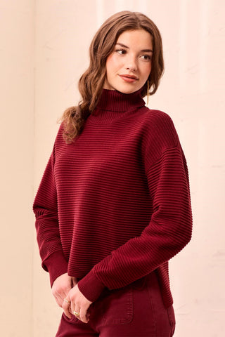 Textured Rib Mock Neck Drop Shoulder High-Low Sweater With Side Slits-Cherrylacquer