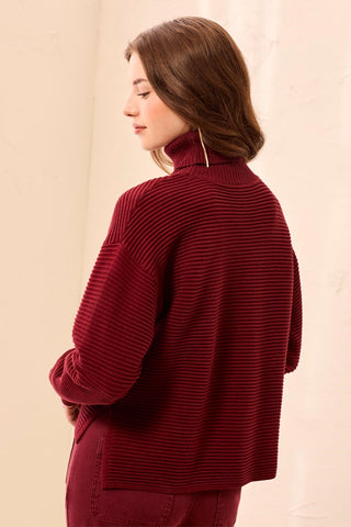 Textured Rib Mock Neck Drop Shoulder High-Low Sweater With Side Slits-Cherrylacquer