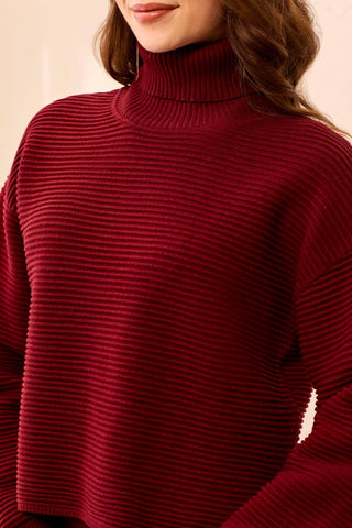 Textured Rib Mock Neck Drop Shoulder High-Low Sweater With Side Slits-Cherrylacquer