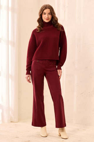 Textured Rib Mock Neck Drop Shoulder High-Low Sweater With Side Slits-Cherrylacquer