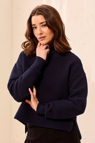 Textured Rib Mock Neck Drop Shoulder High-Low Sweater With Side Slits-Nightfall