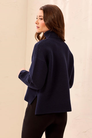 Textured Rib Mock Neck Drop Shoulder High-Low Sweater With Side Slits-Nightfall