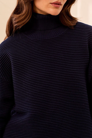 Textured Rib Mock Neck Drop Shoulder High-Low Sweater With Side Slits-Nightfall