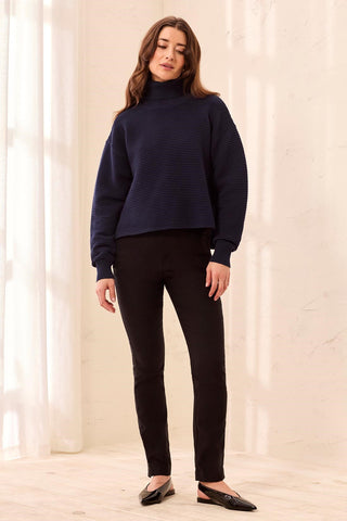 Textured Rib Mock Neck Drop Shoulder High-Low Sweater With Side Slits-Nightfall
