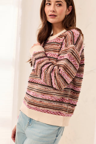 Textured Yarn Dye Stripe Crew Neck Sweater with Contrast Trim-M nostalgia