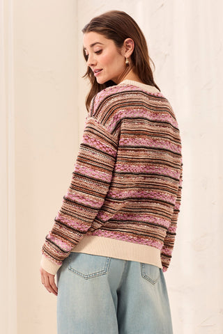 Textured Yarn Dye Stripe Crew Neck Sweater with Contrast Trim-M nostalgia