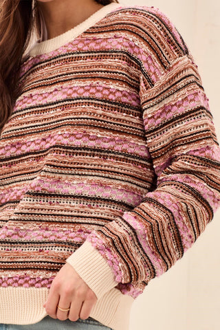 Textured Yarn Dye Stripe Crew Neck Sweater with Contrast Trim-M nostalgia