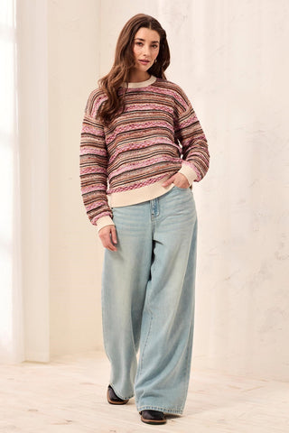 Textured Yarn Dye Stripe Crew Neck Sweater with Contrast Trim-M nostalgia