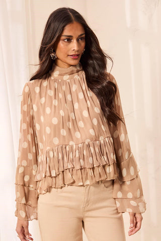 Blouse à Pois en Mousseline à Col Montant et Volants-Pashmina