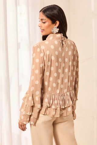 Blouse à Pois en Mousseline à Col Montant et Volants-Pashmina