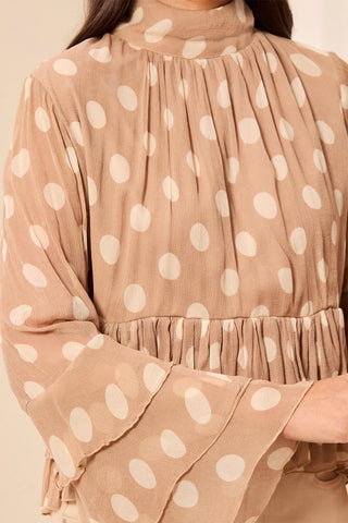 Blouse à Pois en Mousseline à Col Montant et Volants-Pashmina