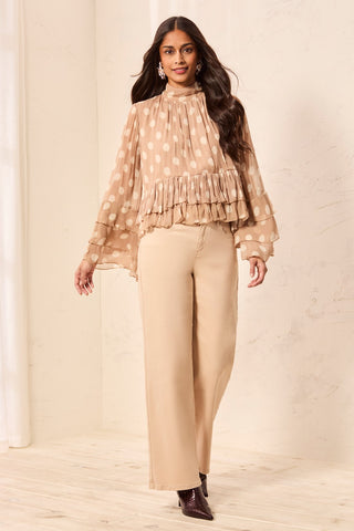 Blouse à Pois en Mousseline à Col Montant et Volants-Pashmina