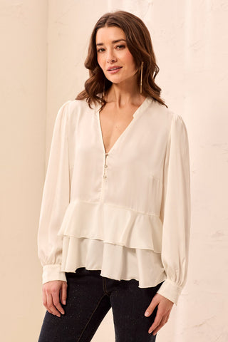 Tiered Ruffle Hem V-Neck Blouse with Pearl Buttons-Cream