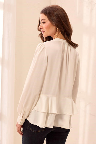 Tiered Ruffle Hem V-Neck Blouse with Pearl Buttons-Cream