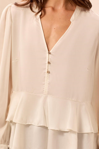Tiered Ruffle Hem V-Neck Blouse with Pearl Buttons-Cream