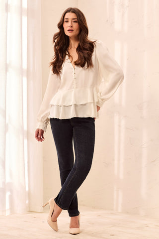 Tiered Ruffle Hem V-Neck Blouse with Pearl Buttons-Cream