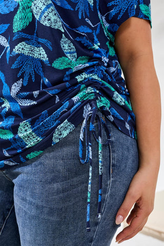 Size Inclusive Crew Neck Top With Side Ruching-Blue surf