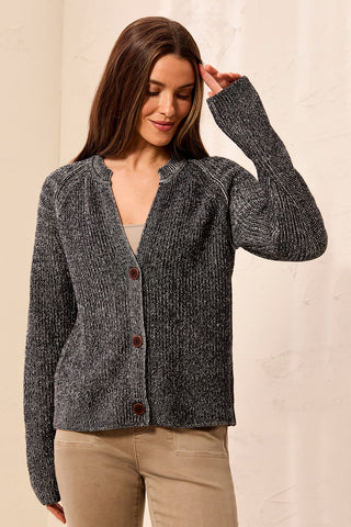 Cardigan Bicolore En Coton Peigné Chiné À Col Encoche-Noir