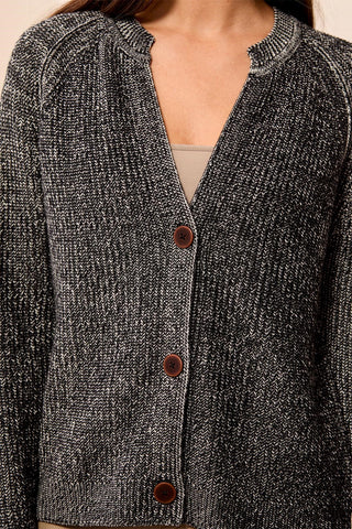 Cardigan Bicolore En Coton Peigné Chiné À Col Encoche-Noir