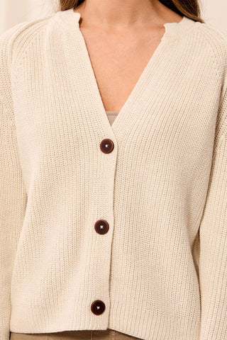 Cotton Marbled Notch Neck Button Cardigan-Oatmeal