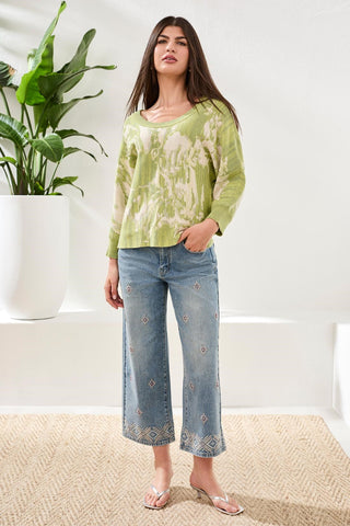 Boat Neck Textured Jacquard 3/4 Sleeve Sweater-Lemongrass