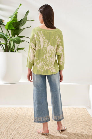 Boat Neck Textured Jacquard 3/4 Sleeve Sweater-Lemongrass