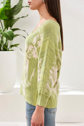 Boat Neck Textured Jacquard 3/4 Sleeve Sweater-Lemongrass