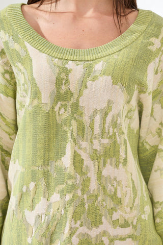 Boat Neck Textured Jacquard 3/4 Sleeve Sweater-Lemongrass