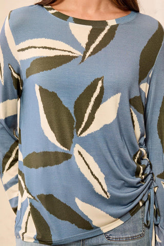 Ultra-Soft Long Sleeve Crew Neck Knit Top with Side Ruching-Blue fog