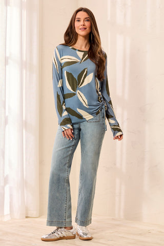 Ultra-Soft Long Sleeve Crew Neck Knit Top with Side Ruching-Blue fog