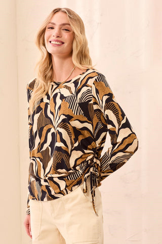 Ultra-Soft Long Sleeve Crew Neck Knit Top with Side Ruching-Dullgold