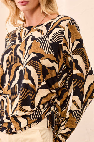 Ultra-Soft Long Sleeve Crew Neck Knit Top with Side Ruching-Dullgold