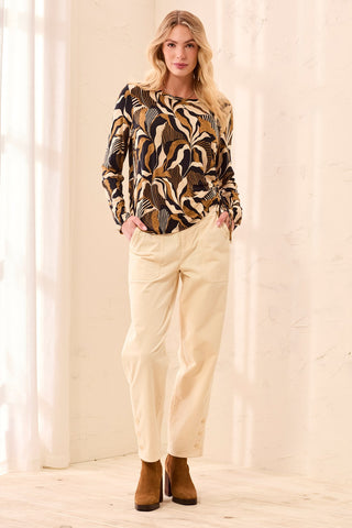 Ultra-Soft Long Sleeve Crew Neck Knit Top with Side Ruching-Dullgold