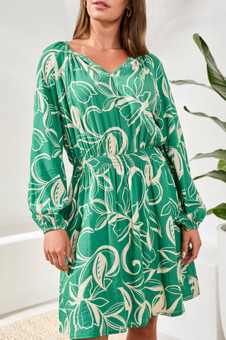 Printed V-Neck Balloon Long Sleeve Fitted at Waist Dress-Grass
