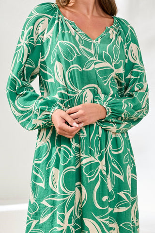 Printed V-Neck Balloon Long Sleeve Fitted at Waist Dress-Grass