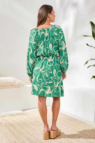 Printed V-Neck Balloon Long Sleeve Fitted at Waist Dress-Grass