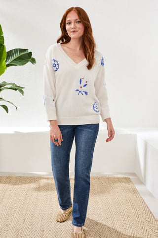 Intarsia V-Neck Sweater With 3/4 Sleeves-Oceanpearl