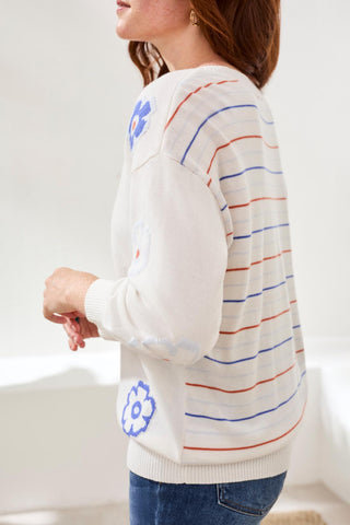 Intarsia V-Neck Sweater With 3/4 Sleeves-Oceanpearl