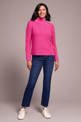 Vintage Washed Cable Knit Mock Neck Sweater-Cherrypink
