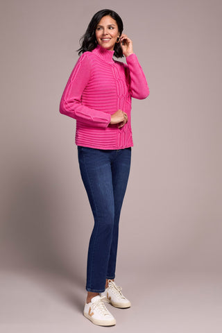 Vintage Washed Cable Knit Mock Neck Sweater-Cherrypink