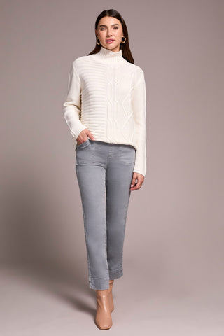 Vintage Washed Cable Knit Mock Neck Sweater-Cream