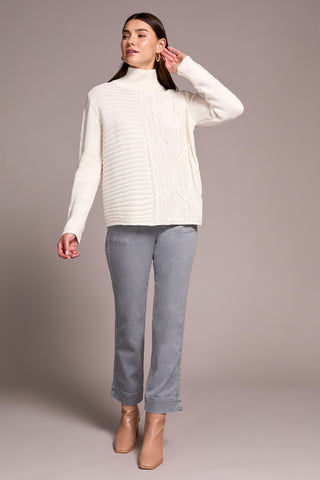 Vintage Washed Cable Knit Mock Neck Sweater-Cream