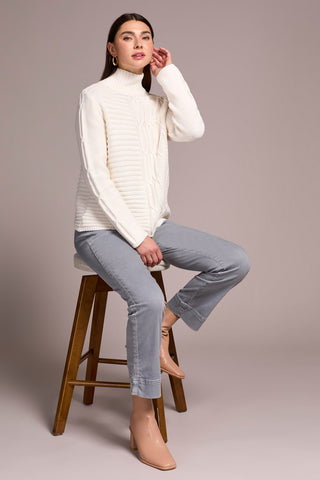 Vintage Washed Cable Knit Mock Neck Sweater-Cream