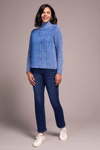 Vintage Washed Cable Knit Mock Neck Sweater-Ultrablue