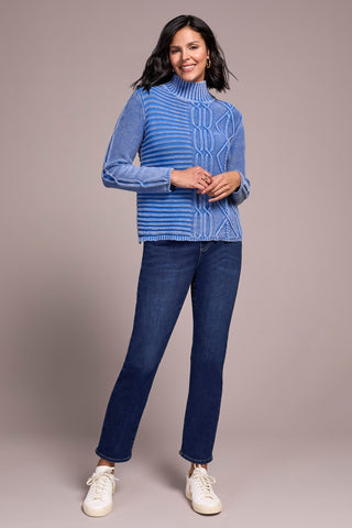 Vintage Washed Cable Knit Mock Neck Sweater-Ultrablue