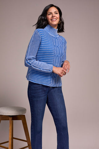 Vintage Washed Cable Knit Mock Neck Sweater-Ultrablue