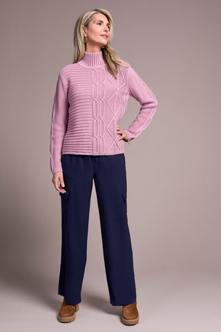 Vintage Washed Cable Knit Mock Neck Sweater-Vintagelilac