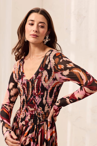 Robe Maxi Multi-Styles Avec Corps Smocké -Cerise