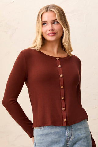 Wear Two Ways Long Sleeve Button-Front Knit Top-Rusticbrown